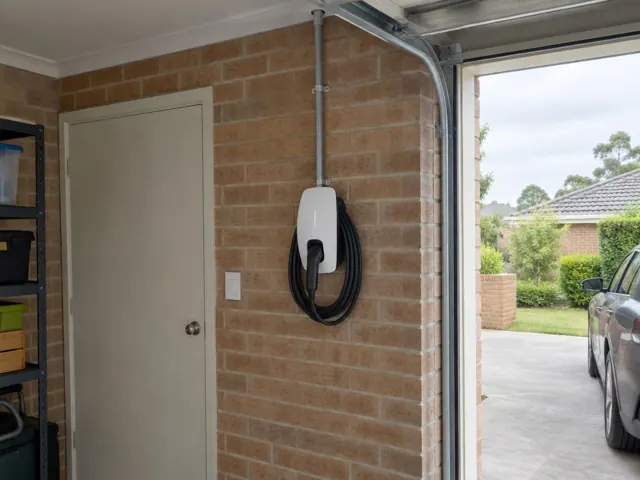 Wall-mounted EV charger on a brick garage wall beside a door in a home garage in Baulkham Hills