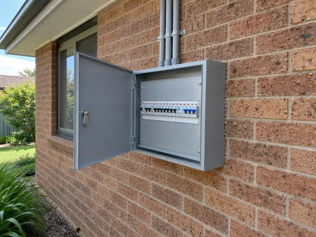 Open exterior switchboard on a brick house wall beside a window in Castle Hill